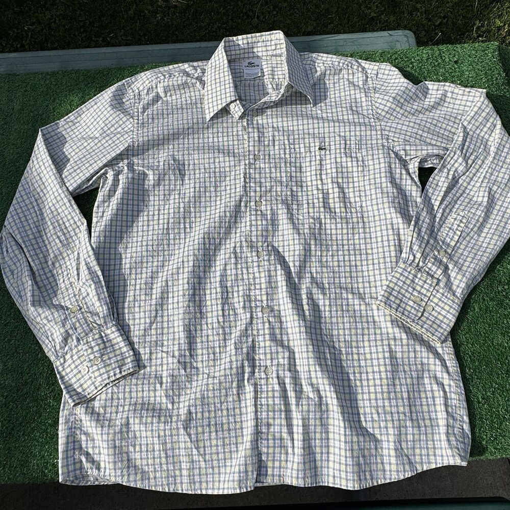 Lacoste Button Down Shirt Mens 42 Blue Yellow Plaid Long Sleeve